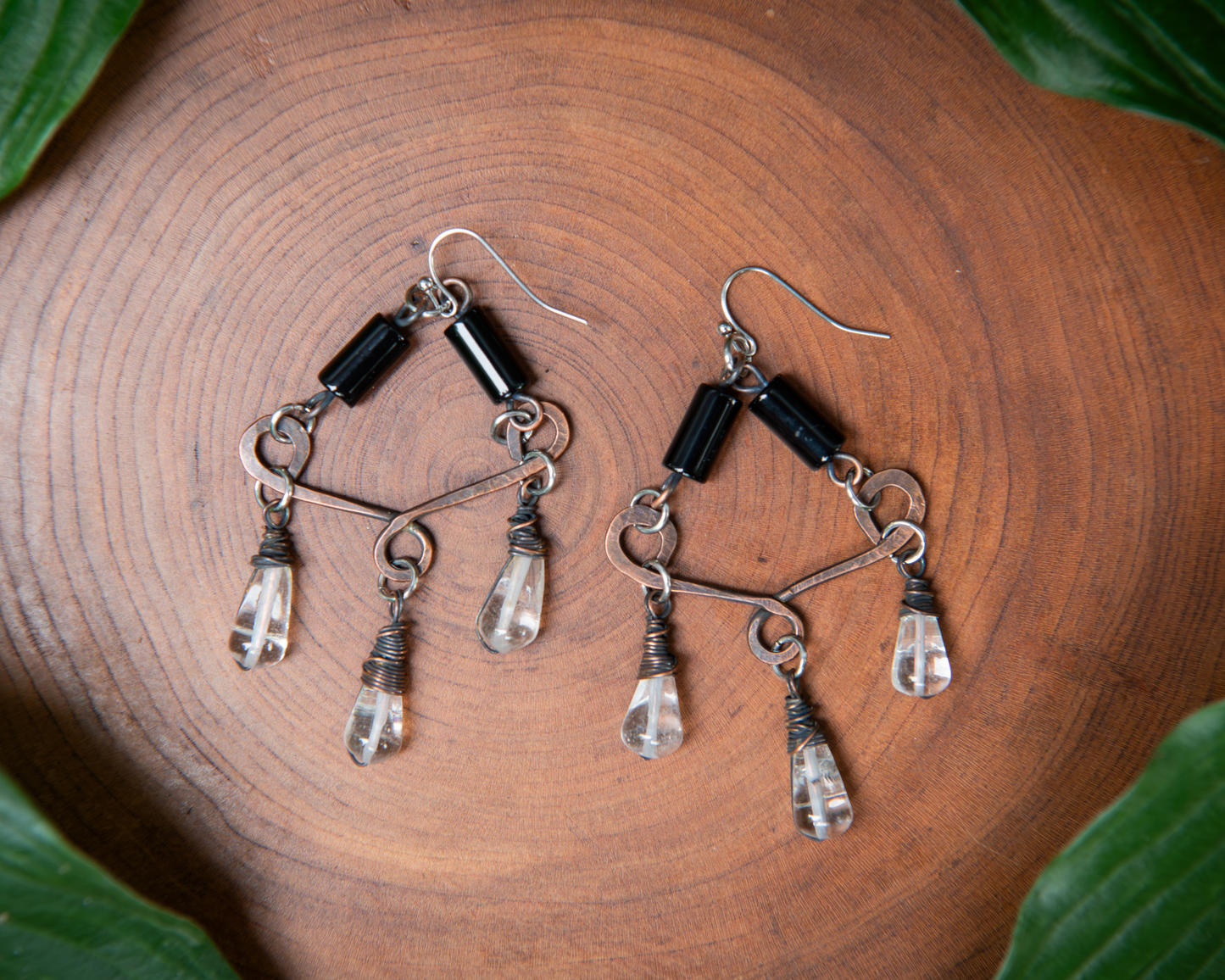 Clear Quartz and Black Agate Chandelier Earrings