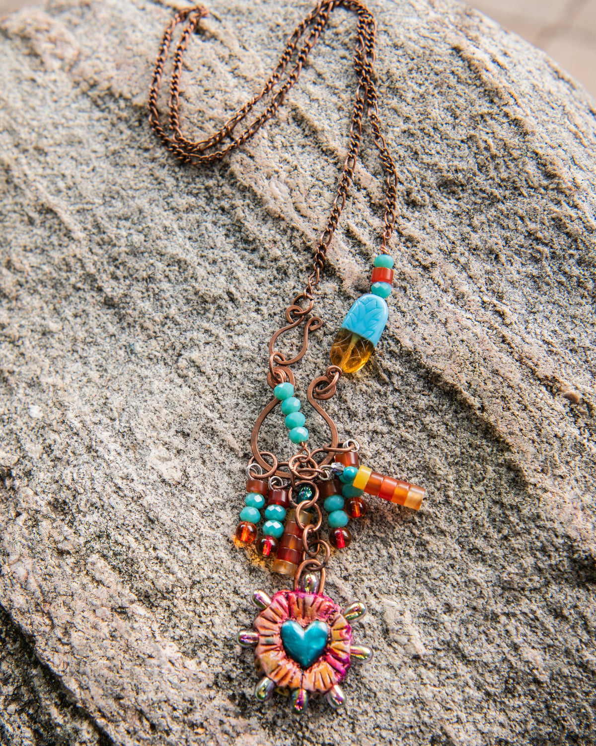 Red and Blue Heart with Copper Chain
