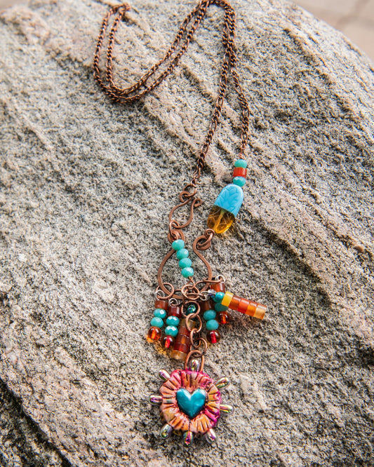 Red and Blue Heart with Copper Chain