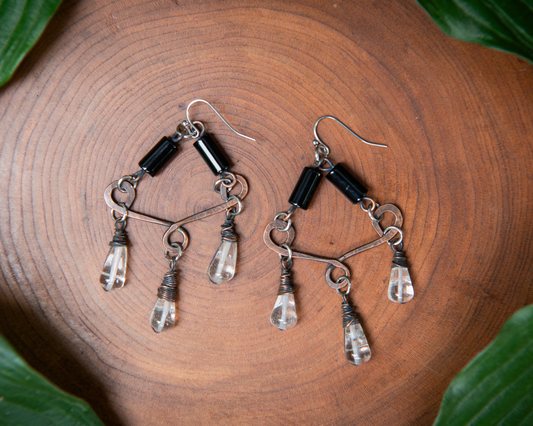 Clear Quartz and Black Agate Chandelier Earrings